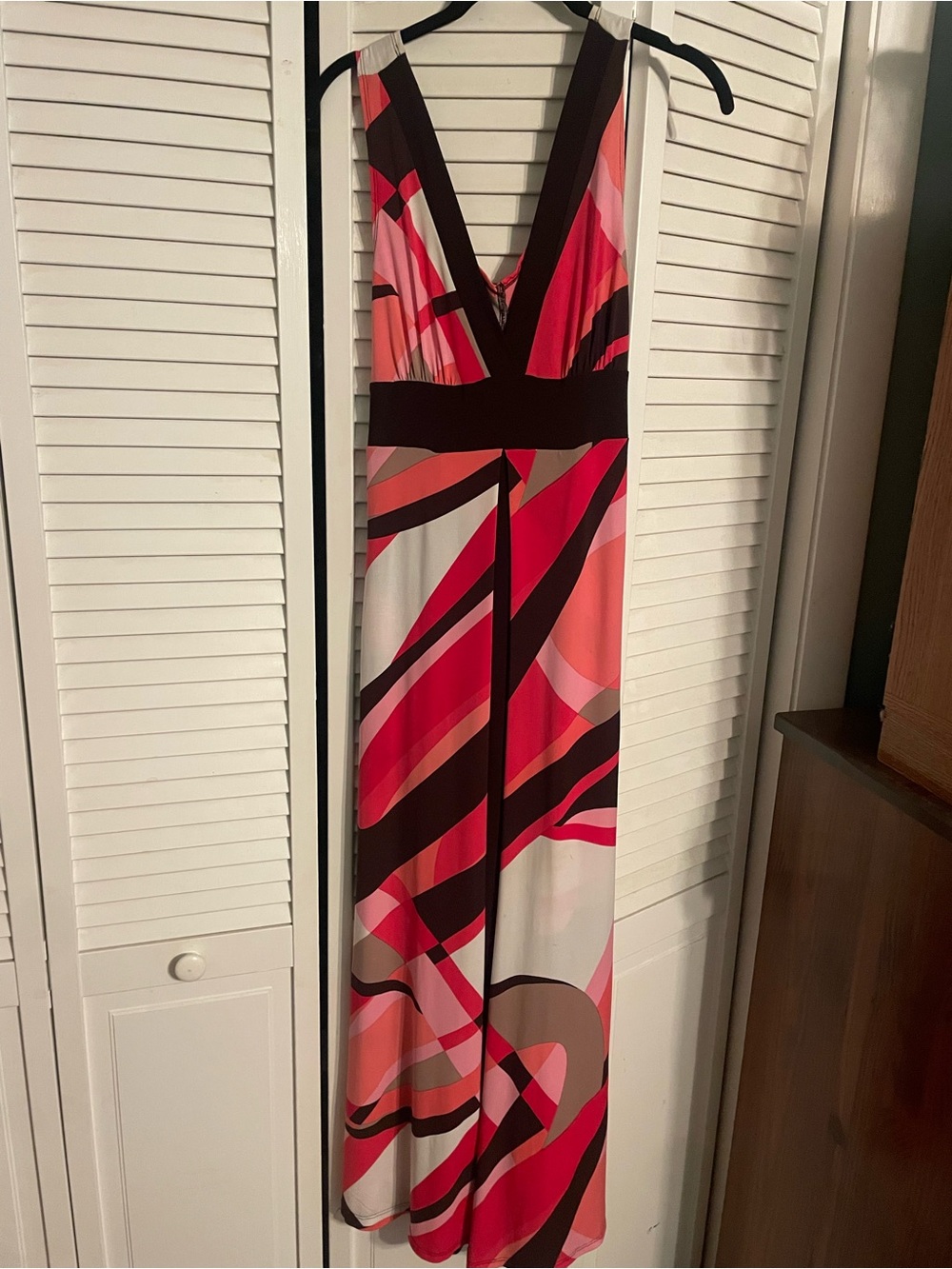 Bisou Bisou Pink and Coral Abstract V-Neck Maxi Dress
